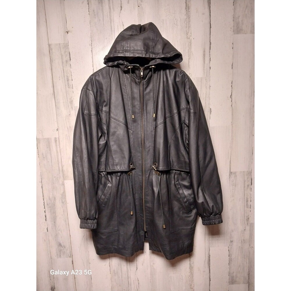Fashion Elements Womens Black Leather Hooded Parka Jacket Large Cinched Waist L
